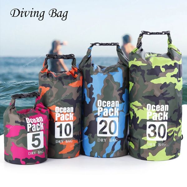 2/5/10/20/30L Bolsa de mergulho Camuflagem à prova d'água Bolsa de natação Bolsa de rafting na praia Canoagem ao ar livre Caiaque Armazenamento de viagem Bolsa seca Bolsa esportiva Bolsas de trekking em rio