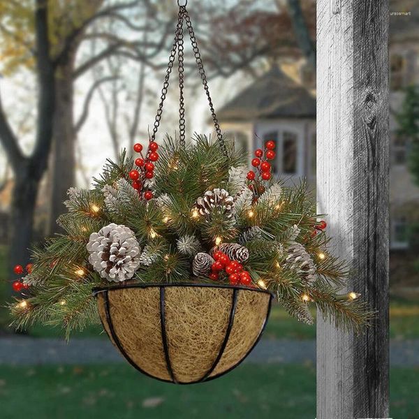 Dekorative Blumen QWE123 Hängende Korbgirlande für frohe Weihnachten mit leuchtenden LED-Lichtern, gefrostete Beeren, Garten, Zuhause, Party, Festival vorne