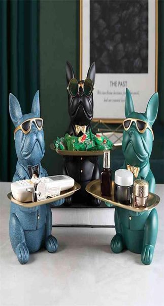 Nordic Franse Bulldog Sculptuur Hond Standbeeld Sieraden Opslag Tafel Decoratie Gift Riem Plaat Glazen Lade Thuis Kunst 2108274755177