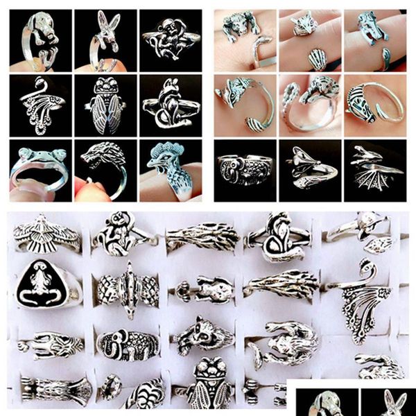 Anillos de banda 20 unids 20 diseños animales metal estilos superiores mezcla cigarra mono sier-plateado anillo retro joyería de fiesta al por mayor entrega de gota dhyqn