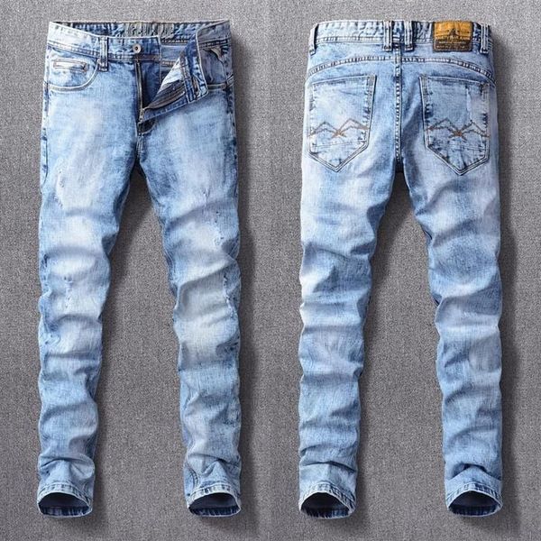 Jeans da uomo Ly Designer Moda Uomo Retro Azzurro Elastico Slim Fit Strappato Vintage Casual Denim Foro sfilacciato Pantaloni semplici296O