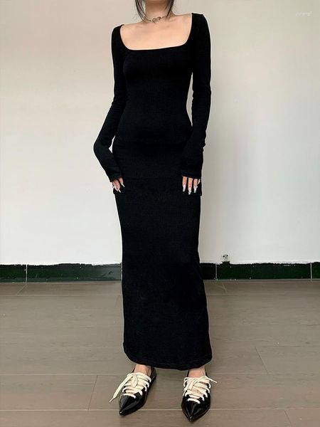 Vestidos casuais Instagram estilo sexy decote quadrado preto vestido de manga comprida