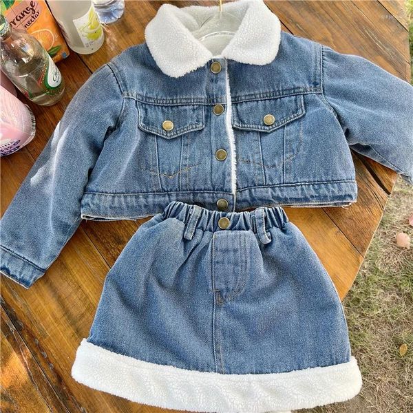 Conjuntos de roupas Inverno Outono Meninas 2 Pcs Set Criança Denim Jaqueta Saia Crianças Para Bebê Crianças Roupas Quentes Faux Fur Velvet 1-6Y