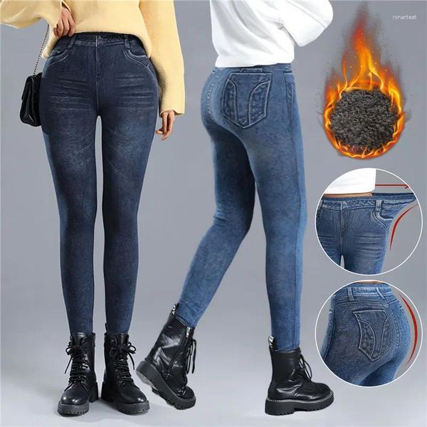 Calças femininas mulheres finas lã imitação denim elástico cintura alta quente veludo leggings outono inverno emagrecimento calças justas