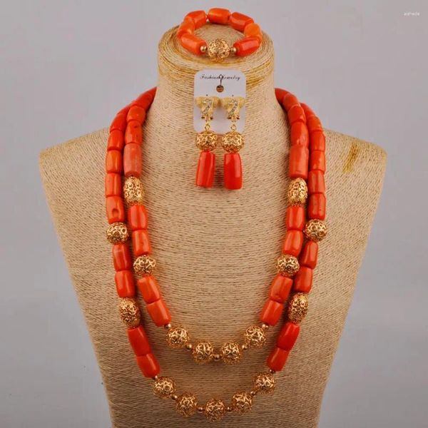 Комплект ожерелья и серег, очаровательные оранжевые натуральные коралловые бусины, Нигерия, свадебные украшения, красивые аксессуары для платья невесты в африканском стиле AU-565