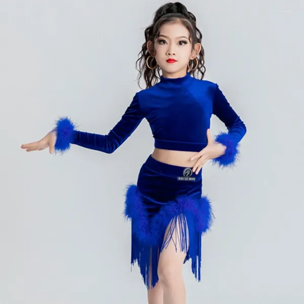 Palco desgaste crianças profissional dança latina roupas azul veludo top franjas saias meninas trajes de desempenho vestidos sl9184