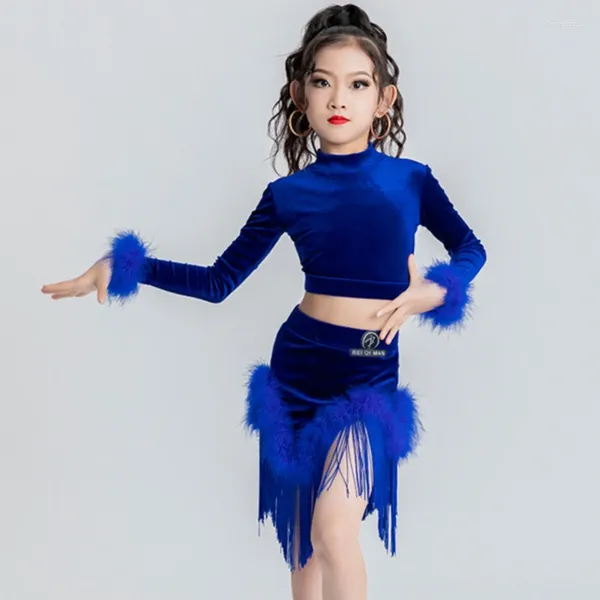 Abbigliamento da palco per bambini, abiti da ballo latino professionale, top in velluto blu, gonne con frange, costumi per ragazze, abiti SL9184