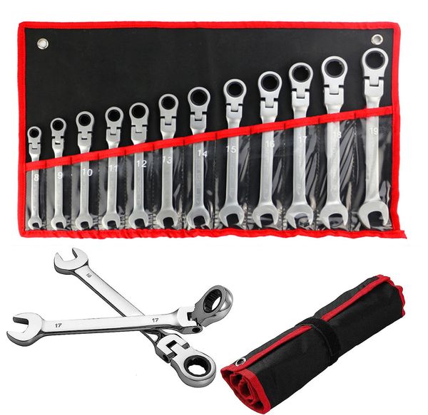 Chaves de fenda 12pcs Flex Head Rating Wrench Set 8 19mm Metric Professional CR V Chaves de combinação com bolsa de lona suspensa portátil 231031