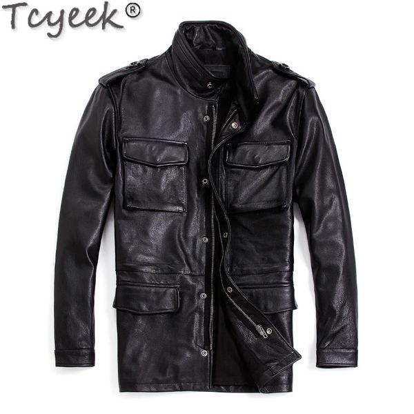 Couro masculino falso tcyeek jaqueta genuína roupas masculinas motocicleta safaried m65 trench coat midlength jaqueta masculina 231031