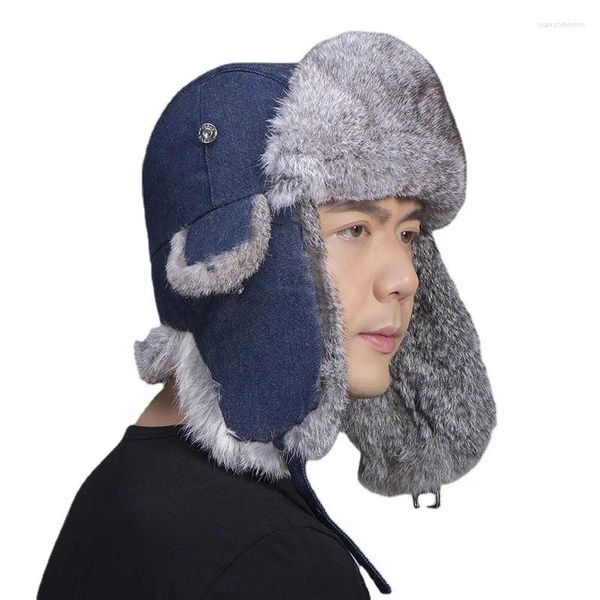 Berets Winter Man Ski Caps Unisex Natural Real Fur Bomber Hat With Earflap