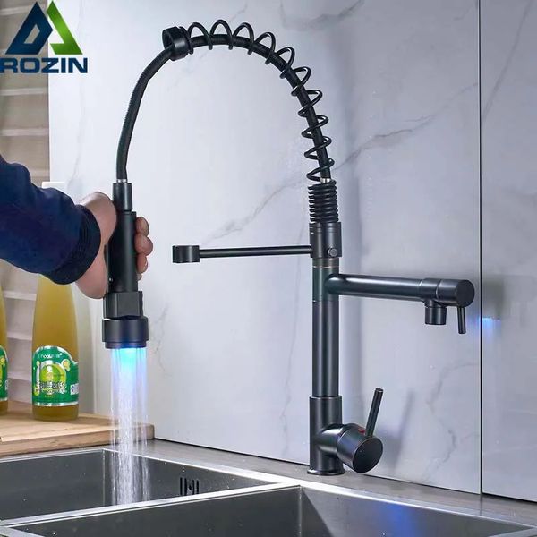 Küchenarmaturen, LED-Licht, Schwarz-Bronze, Doppelauslauf-Wasserhahn, Einhand-Feder-Pull-Down-Wasserhähne für Handbrause 231030
