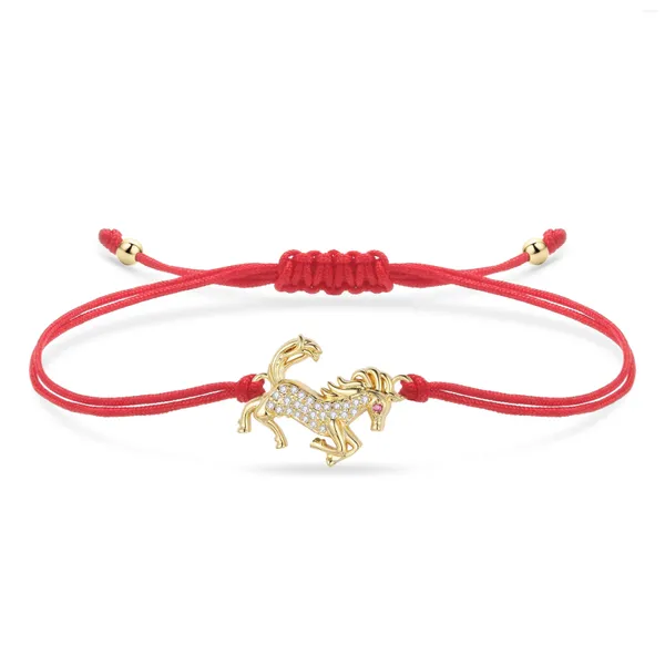 Braccialetti con ciondoli Cristallo CZ Bracciale a cavallo riempito in rame Moda donna Cubic Zirconia Bella ottone Animale Stringa rossa Gioielli He