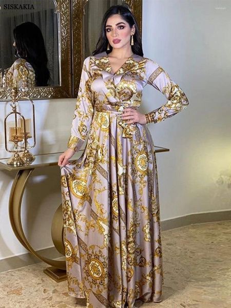 Ethnische Kleidung Siskakia Kleider für Frauen Gala Muslimische Mode Eleganter Druck Schärpen V-Ausschnitt Volle Ärmel Islamische Arabische Frau