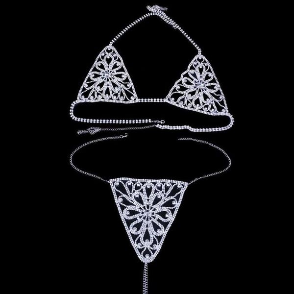 Outros 2021 Mulheres Sexy Crystal Bikini Set Bling Full Rhinestone Hollow Out Breast Bra Crops Top Underpant Night Club Body Chain Jew363B