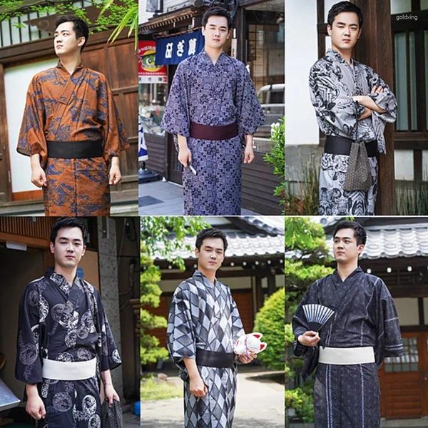 Ethnische Kleidung, japanischer Herren-Kimono, Yukata, traditioneller Stil, Samurai-Robe, Cosplay, knitterfreier Stoff, leitet Schweiß ab und trocknet schnell