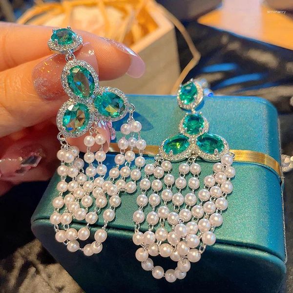Orecchini a pennaglie di moda personalizzati personalizzati grandi ovali zirconi colorati gemma perle perle goccia goccia rosa orecchi per donne