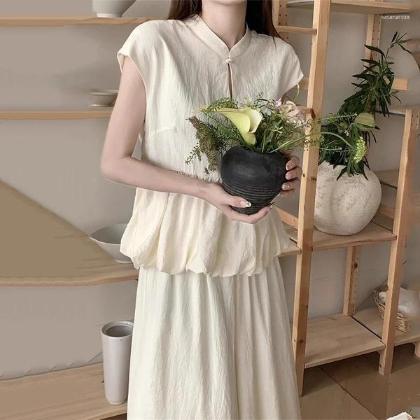 Vestidos de trabalho verão feminino conjunto de duas peças estilo chinês saia define gola plissado borda camisa cintura alta magro metade