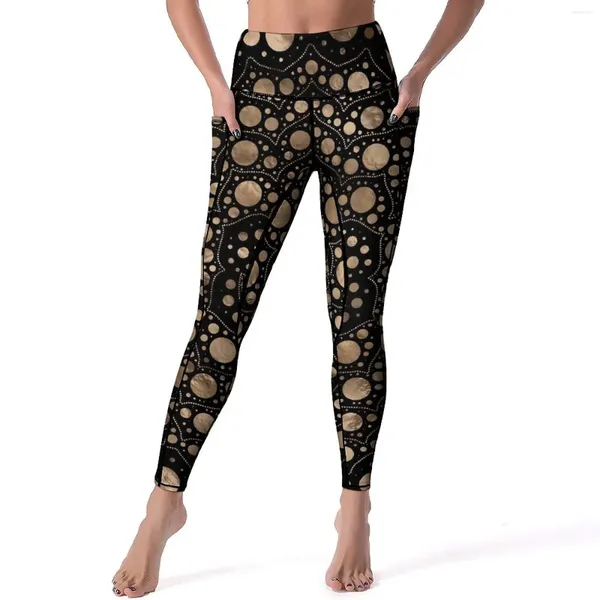 Leggings femininas ponto dourado arte sexy om símbolo ginásio yoga calças de cintura alta elástica calças esportivas com bolsos leggins gráficos vintage