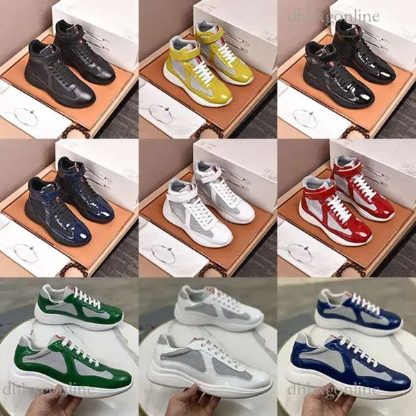 Venda quente Designer Prad America's Cup Patent Couro Sapatos Casuais Homens Alta Qualidade Real Couros Treinadores Preto Lace-up Sneakers Outdoor Running Trainer