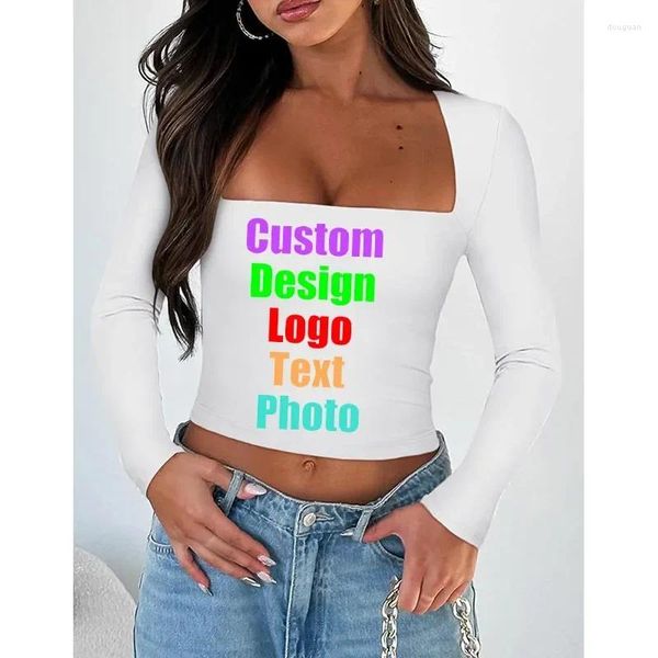 Женские футболки с длинным рукавом, однотонная укороченная футболка с квадратным воротником, облегающие топы с логотипом на заказ