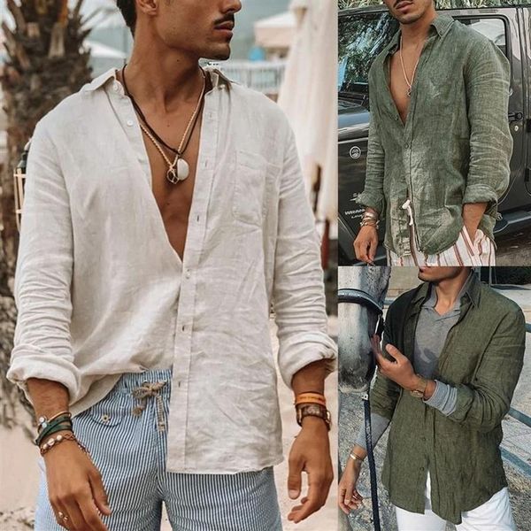 Camicie musulmane da uomo estive Baggy Cotone Lino Solido Manica lunga Nero Bianco Blu Bottoni Retro per camicia maschile M-3xl310G