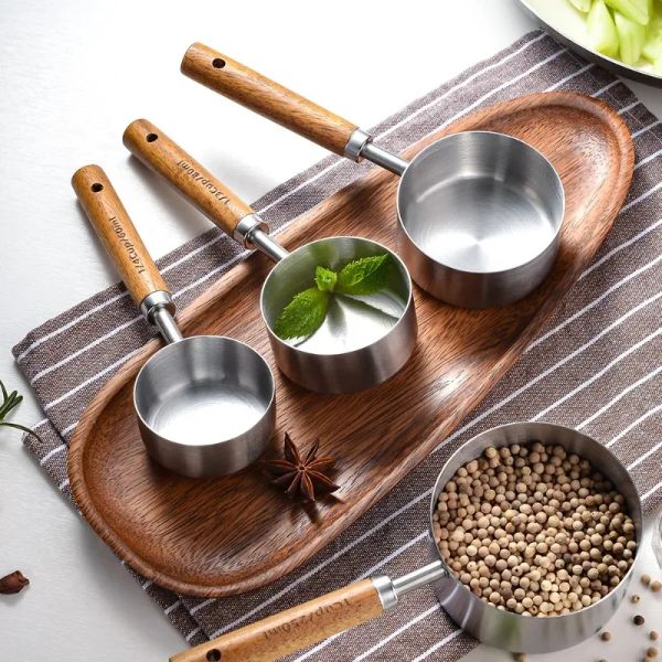 4 pezzi strumenti di cottura da cucina strumenti di misurazione di bakeware bilance set misurini e cucchiai in acciaio inossidabile con manico in legno