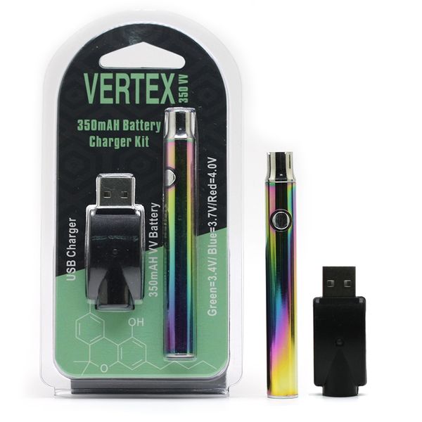 Vertex 350 мАч Радужный цветной аккумулятор Предварительный нагрев Vape Pen Аккумуляторы Блистерные USB-зарядные комплекты Переменное напряжение Электронные сигареты