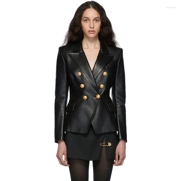 Damen Lederjacke Echte Frauen Echter Blazer Oberbekleidung Eleganter zweireihiger weicher schwarzer Sheppskin-Mantel Jaqueta Feminina