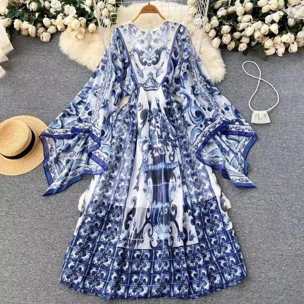 Vestidos casuais menahem verão moda sicília chiffon maxi vestido mulheres azul e branco porcelana impressão flor flare manga longa robe vestidos