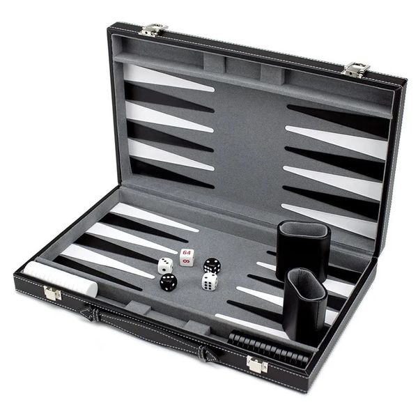 Schaakspellen Schaakbord Backgammon-set met gestikt zwart kunstleer etui Leuk cadeau Opvouwbaar Zakelijk entertainment voor familiefeesten 231031