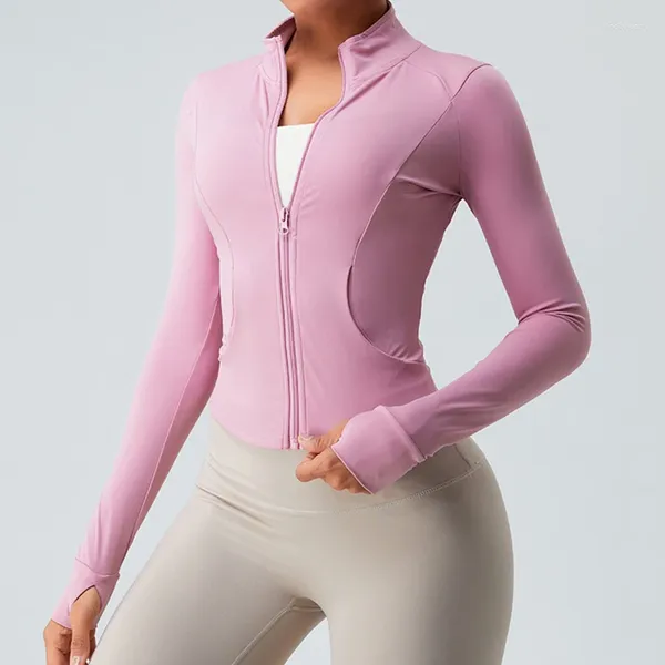 Aktive Shirts INLUMINE Reißverschlusstasche Yoga-Jacke für Frauen mit Daumenschnalle Stehkragen Slim Fit Langarm Outdoor-Sport-Fitness-Top
