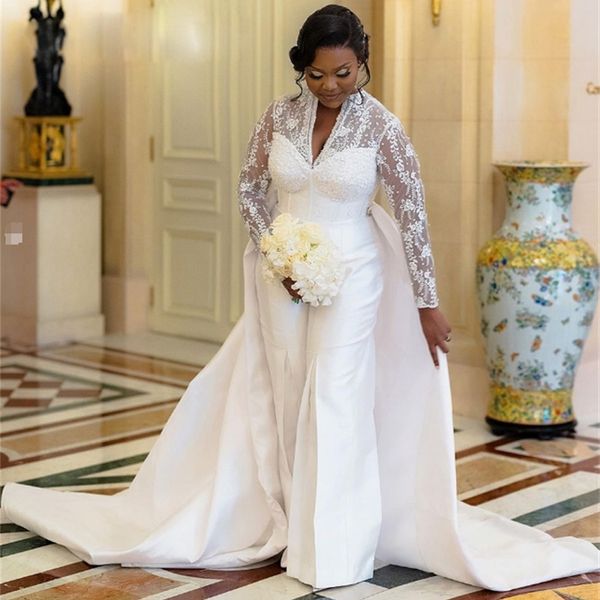 Abiti da sposa vintage con tubino e scollo a V, abito a maniche lunghe, abito da sposa con strascico staccabile, abito da sposa civile in pizzo Nigeria