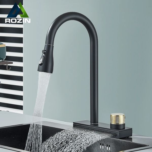 Küchenarmaturen Regenwasserhahn Flexible herausziehbare 3-Wege-Düse Gourmet Black Rain Wasserfall Waschbecken Mischbatterie Kran 231030