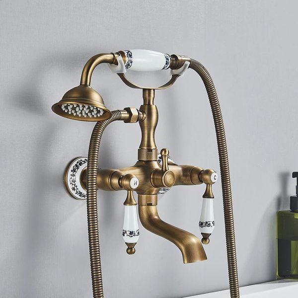 Cabeças de chuveiro do banheiro luxo torneira da banheira dupla alça handheld misturador banho com mão montagem na parede bica giratória banheira pia 231030