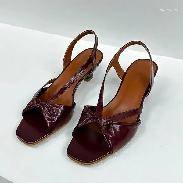 Sandalen Leder Burgundy Square Toe Stiletto 2023 Schleife Open-Toed Mid-Heel High-Heels Schuhe Oberbekleidung Slip-on Damen