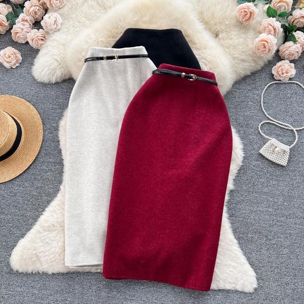 Röcke Frauen Chic Solide Elegante Elastische Mit Gürtel Split Sexy Rock Hohe Taille Mode Vintage Herbst Hüfte Wrap Voll