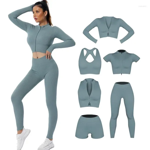 Conjuntos ativos conjunto esportivo feminino 6 peças elásticas de secagem rápida moda yoga ginásio manga longa sutiã regata calças curtas