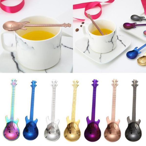 Colheres de café em aço inoxidável, colher de sobremesa em forma de violino, colher de agitação, colher de gelo banhada em titânio sn887