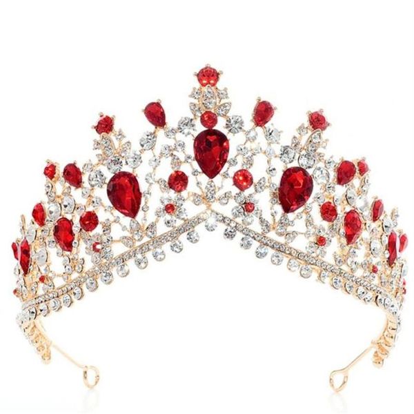 Matrimonio Nuziale Rosso Blu Corona Tiara Strass Fascia Accessori per capelli Gioielli Verde Oro Principessa Regina Corone di cristallo Diademi P234E