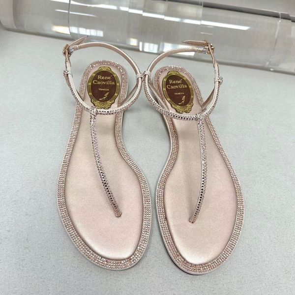 Rene Caovilla Sandálias de Salto Plano Mulheres Couro Genuíno Cinta Fivela Toe Clip Designer Sapatos Cristal Decorativo Casual Festa Sandália Tamanho 35-43