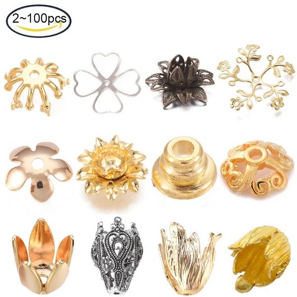 2-100 peças tampas de contas de latão em forma de pétala de várias cores, contas espaçadoras soltas de bronze antigo para fazer joias DIY, acessórios para fazer joias, descobertas de joias