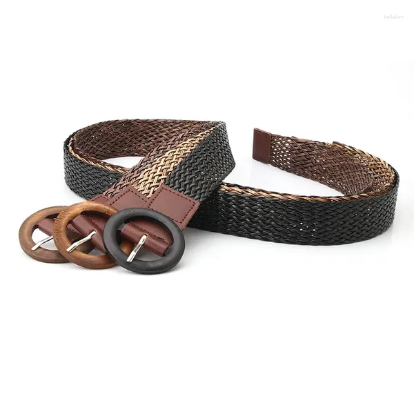 Gürtel Frauen Geflochtener Gürtel PU Bund Weibliche Holz Runde Schnalle Jeans Wild Circle Pin Taille Band Strap