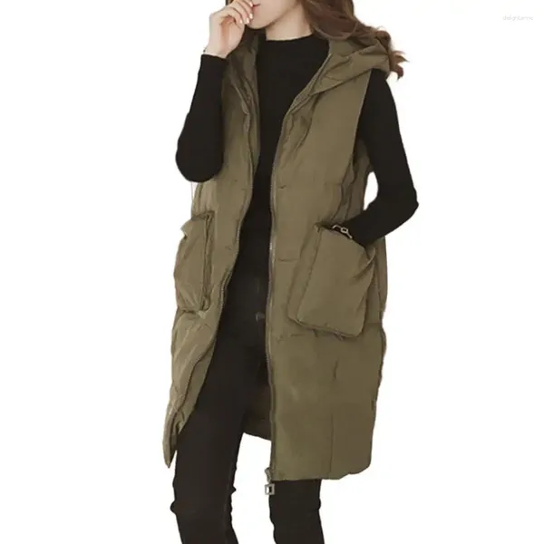 Gilet da donna Gilet in poliestere da donna Gilet lungo con cappuccio elegante e traspirante con tasche abbottonatura con cerniera autunno