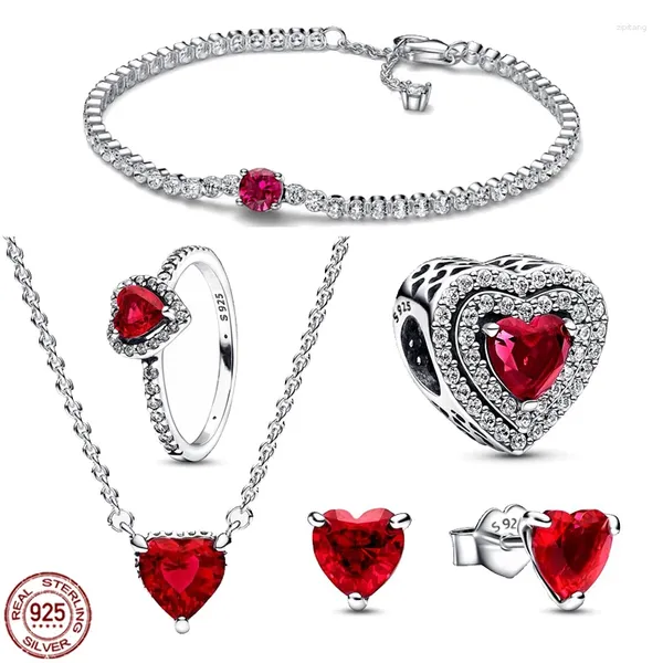 Pedras preciosas soltas 925 prata esterlina charme jóias conjunto de cinco peças de coração vermelho série pulseira colar anel lindo presente para namorada