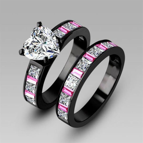 choucong Anello di fidanzamento con zaffiro rosa e diamante 10KT in oro nero riempito 2 in 1 per donna, set di anelli per fede nuziale, misura 5-11, regalo 301g