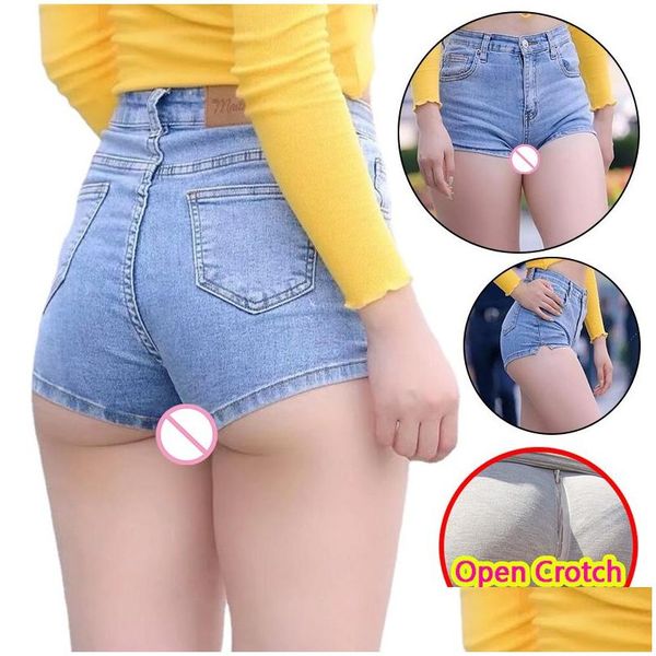 Damen Jeans Frau Sexy Open Crotch Mini Erotische Crotchless Hosen mit Höhle Reißverschluss Push Up Booty Lift Durchsichtige Shorts Outdoor Drop Dhcoy