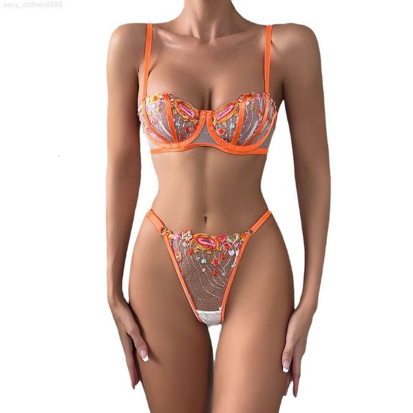 Nova chegada de alto nível bordado feminino sexy lingerie de renda sexy roupa interior laranja