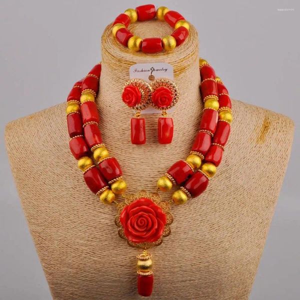 Halskette-Ohrringe-Set, wunderschöner nigerianischer Hochzeitsschmuck, afrikanische Damen-Bankettkleid-Accessoires, rote natürliche Koralle, AU-681