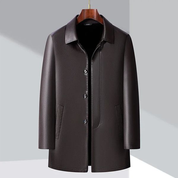 Cappotto da uomo in pelle finta genuina Trench maschile Autunno Inverno Polo Colletto SingleBrewed Giacca casual di lusso 231031