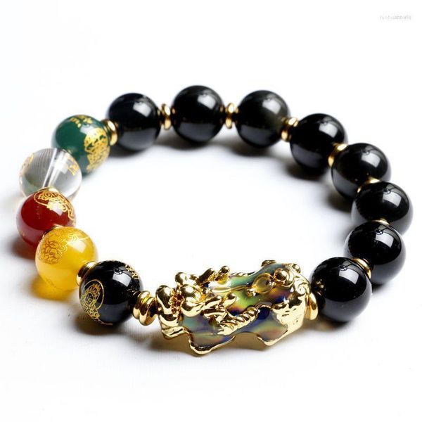 Charme pulseiras rosa sisi estilo chinês pulseira masculina pixiu fortuna mudança de temperatura cor obsidiana pedra grânulo para homem presente sorte